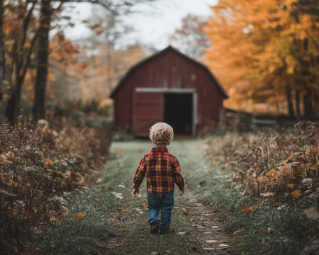 A young boy, filled with the spirit of adventure, explores a weathered red barn nestled amidst vast, sun-drenched fields Golden sunlight paints the rustic scene as he embarks on a journey through the heart of the countryside His youthful curiosity and the boundless beauty of nature create a captivating image AI Generativeの素材