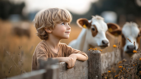 A young boy embarks on a heartwarming journey of discovery at a charming farm With gentle hands and a curious mind, he learns about the fascinating world of farm animals, experiencing the wonders of nature and the vital role of agriculture firsthand This heartwarming tale will enchant young readers and AI Generativeの素材