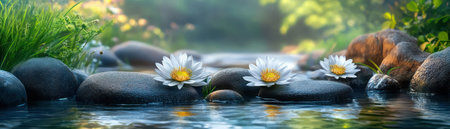Amidst a tranquil landscape, serene water lilies bloom atop smooth river stones Find solace and healing in nature's embrace Immerse yourself in peaceful tranquility, soothing therapy, and restful relaxation The scenic beauty offers a sanctuary for the weary soul AI Generativeの素材