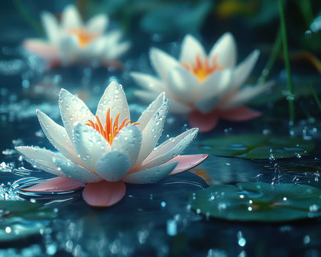 Imagine a serene pond, its surface adorned with delicate water lily blossoms Their tranquil beauty evokes a sense of calm and healing, offering a soothing refuge from stress and anxiety This idyllic scene whispers of tranquility and serenity, inviting you to find inner peace and rejuvenation AI Generativeの素材