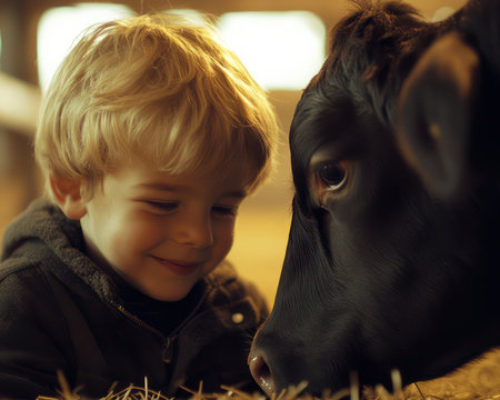In a rustic barn, a young boy's laughter mingles with the gentle moo of a calf This heartwarming scene captures the special bond between a child and farm animal, showcasing the joys of rural life The boy's playful interaction with the calf reflects the innocence and sweetness of country living, AI Generativeの素材
