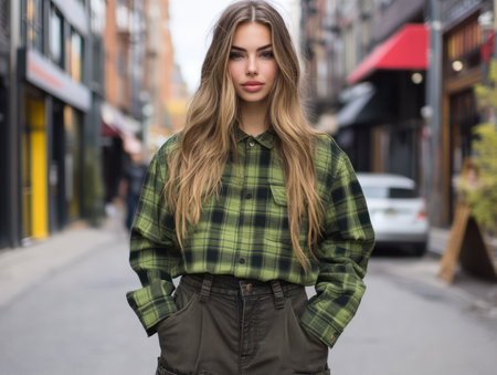 Embrace a modern city vibe with this casual, trendy outfit A green plaid shirt adds a touch of style to comfortable cargo pants, creating an effortlessly cool look perfect for everyday wear This outfit balances comfort and trend, making it ideal for exploring downtown AI Generativeの素材