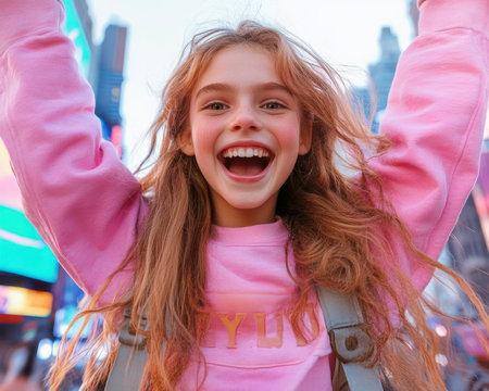 A young girl's infectious laughter echoes through a bustling cityscape Her vibrant energy explodes against the backdrop of towering buildings and lively streets, capturing the raw joy of youth in the heart of urban life This is a portrait of pure, unadulterated excitement, a celebration of youthful spirit amidst the AI Generativeの素材