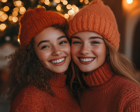 Two friends, their faces alight with laughter, bask in the warm glow of festive lights Adorned in cozy knitted hats and sweaters, they embody the joy and warmth of the winter holidays A close-up captures their shared merriment, a testament to the enduring power of friendship AI Generativeの素材