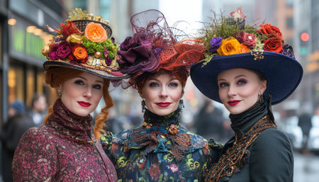 Two cosplay enthusiasts, adorned with elaborate floral headpieces, strike a pose at a fan convention Their intricate creations, a testament to their shared passion for creativity and costume design, radiate vibrant energy and artistic flair The image captures the joy of shared interests and the transformative power of cosplay AI Generativeの素材