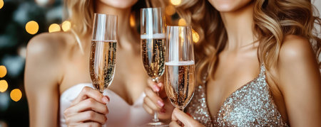 A symphony of sophistication unfolds as elegant friends, adorned in chic cocktail dresses, clink champagne flutes Laughter mingles with the soft glow of the evening celebration, creating an ambiance of refined joy The air buzzes with witty conversation and the promise of an unforgettable night AI Generativeの素材