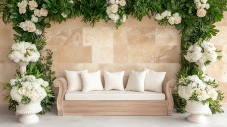 Imagine a stunning urban oasis! This elegant outdoor setting boasts a pristine white couch nestled amidst lush greenery, offering a breathtaking city backdrop Perfect for weddings, events, or photo shoots, this location combines modern sophistication with natural beauty for unforgettable moments AI Generativeの素材