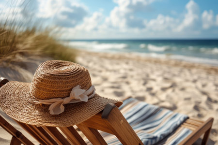 Escape to a tranquil haven on the sandy shore Sink into the comfort of a deck chair, shielded from the sun by a wide-brimmed hat Let the gentle ocean breeze wash away your worries as you bask in the serenity of the moment This is the perfect escape for ultimate AI Generativeの素材