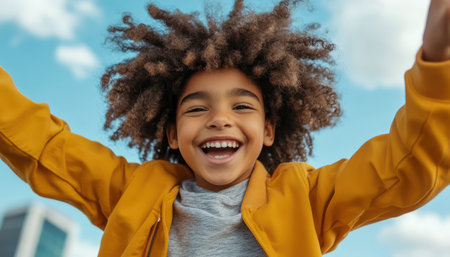 A spirited young boy beams with joy against a bustling cityscape backdrop His infectious smile captures the vibrancy and energy of urban life This outdoor portrait captures the youthful spirit of exploration and the sheer delight of experiencing a city's rhythm AI Generativeの素材