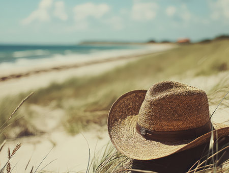 Escape to serene sandy shores where relaxation awaits Slip on your sunhat, providing both shade and style Embrace the tranquility of the beach, protected from the sun's rays Find your perfect moment of serenity and rejuvenation AI Generativeの素材
