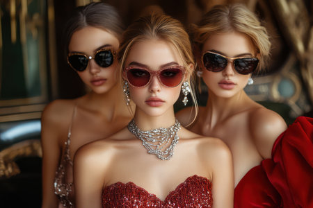 A dazzling display of fashion and friendship unfolded at a luxurious gala Glamorous friends, adorned in elegant evening wear and sparkling jeweled accessories, created a breathtaking spectacle of elegance Their radiant smiles and shared laughter illuminated the night, a testament to the enduring power of friendship AI Generativeの素材