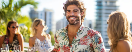 A warm summer evening unfolds on a rooftop, where friends gather for a casual BBQ Laughter fills the air as they savor grilled delights, their conversation punctuated by the sizzling of the grill and the vibrant city lights twinkling below The scene is a perfect blend of casual camaraderie and AI Generativeの素材