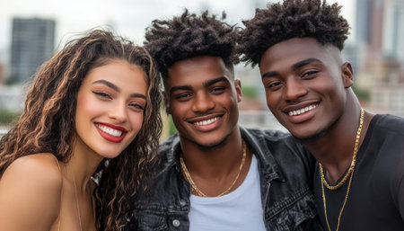 A vibrant group of diverse young adults radiate joy and energy against the backdrop of a modern city Their laughter and smiles echo the summer fun and urban exploration they're experiencing Street fashion, cool vibes, and a sense of friendship create a captivating scene of youthful exuberance in the heart AI Generativeの素材