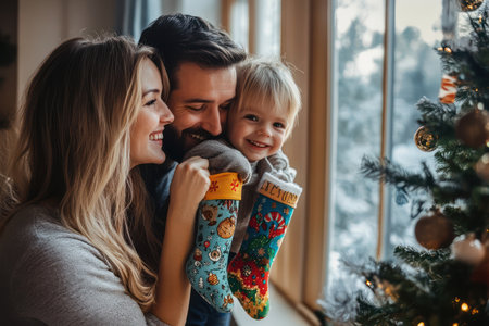 A cherished family tradition unfolds as stockings are lovingly hung on the Christmas tree, creating a festive atmosphere brimming with joy and cherished memories The twinkling lights and colorful ornaments symbolize the perfect holiday celebration, bringing loved ones together in heartwarming unity AI Generativeの素材