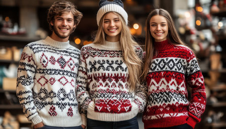 A group of friends, radiating holiday cheer, strike festive poses in matching sweaters Their cozy winter attire embodies the spirit of the season, creating a heartwarming scene perfect for capturing the essence of holiday camaraderie and festive fashion AI Generativeの素材