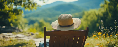 Imagine sinking into a deck chair, a sunhat shading your face, as you soak in the serene beauty of nature The gentle breeze whispers through the trees, creating a peaceful haven Escape the hustle and bustle and discover the ultimate relaxation in this tranquil image AI Generativeの素材