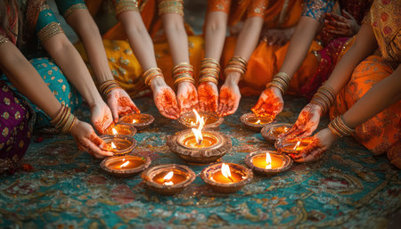 A radiant celebration of Diwali unfolds, as friends gather in vibrant saris and traditional accessories Festive lights twinkle, casting a warm glow on the illuminated diyas The air buzzes with laughter and joy as they revel in the spirit of the festival, embracing the beauty of tradition and the warmth AI Generativeの素材