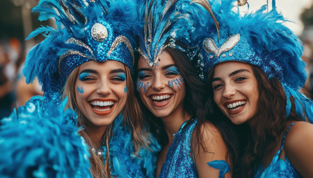 A vibrant carnival celebration unfolds, fueled by shared excitement Friends don matching costumes, their coordinated accessories adding to the festive atmosphere Laughter and camaraderie fill the air as they embrace the spirit of the carnival, creating memories to cherish AI Generativeの素材