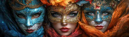 Three friends, shrouded in enchanting masks, their vibrant accessories shimmering under the flickering candlelight, navigate the enigmatic atmosphere of a masquerade ball Secrets whisper in the shadows, and a chilling mystery unfolds, threatening to unravel the night's enchantment AI Generativeの素材