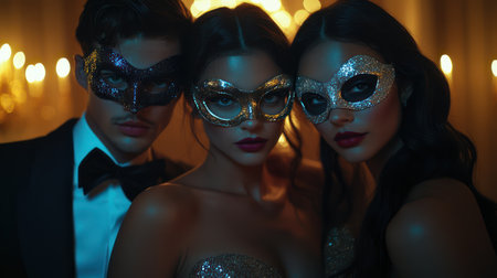 Prepare for an evening of intrigue and enchantment at a Masquerade Ball where mystery reigns Adorn yourself in elaborate masks and shimmering accessories as you mingle with friends, lost in the allure of anonymity and elegance Unveil a night of unforgettable moments beneath the shimmering lights AI Generativeの素材