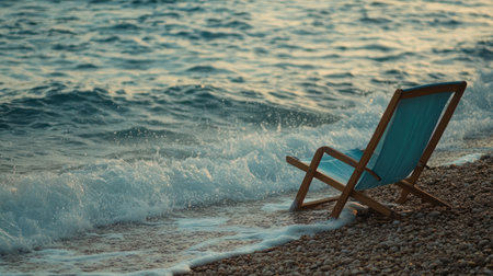 Escape to a tranquil beach scene where a plush deck chair awaits, inviting you to unwind Feel the gentle caress of a summer breeze as you soak up the sun and salty air This idyllic setting embodies the essence of coastal living, offering a perfect escape for your summer vacation AI Generativeの素材