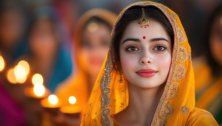 A vibrant scene unfolds as friends adorned in dazzling bright saris celebrate Diwali, the festival of lights Traditional accessories and twinkling lights illuminate their joyous gathering, creating a tapestry of Indian culture and tradition The air is filled with laughter, shared stories, and the spirit of celebration AI Generativeの素材