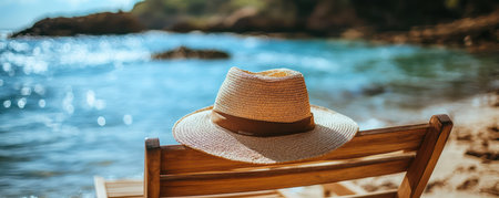 Escape to a serene beach scene where a straw sunhat rests on a wooden deck chair, inviting you to unwind Immerse yourself in the summer vacation bliss, with breathtaking ocean views and the soothing sounds of the waves Find solace and sun protection under the wide brim, embracing the carefree AI Generativeの素材