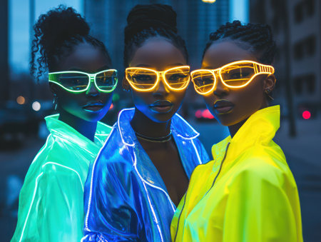 Step into a neon-drenched world of cyberpunk fashion Friends, adorned in glowing costumes, celebrate the future with a futuristic flair Vivid lights dance across the scene, creating an electrifying atmosphere Prepare for a night of vibrant energy and cutting-edge style AI Generativeの素材