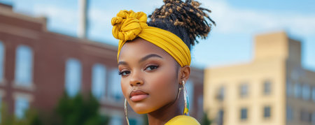 A stylish woman, her vibrant yellow headscarf a bold statement against the colorful backdrop of an urban scene, exudes confidence Her street style is a masterclass in mixing patterns and textures, showcasing a fearless and fashionable spirit Her pose is vibrant, capturing the energy of the city around her AI Generativeの素材