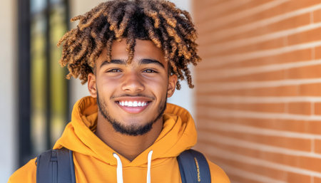 A young man with dreadlocks and a backpack, a beaming smile on his face, stands against a brick wall He radiates youthful energy and carefree spirit, embodying the vibrancy of urban life His optimism reflects the joy of being young and alive in the city's bustling landscape AI Generativeの素材