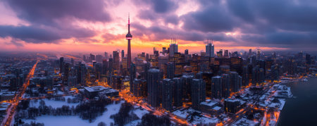 A breathtaking aerial shot captures a chic cityscape bathed in the warm glow of sunset Snowy ground stretches out below, contrasting with the vibrant sky painted in dramatic hues This scene is a photographer's dream, offering a perfect blend of urban architecture and breathtaking natural beauty AI Generativeの素材