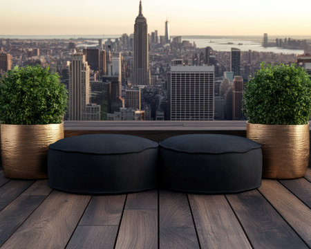 Escape to a rooftop terrace where sleek furniture and verdant greenery create a chic oasis amidst the urban jungle Enjoy panoramic city views from this stylish outdoor space, offering a perfect blend of modern design and natural serenity AI Generativeの素材