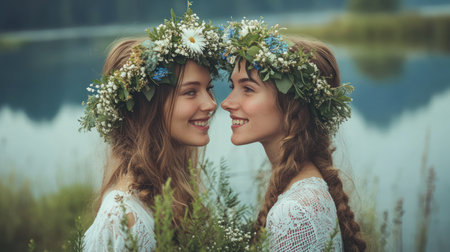 A group of friends embrace a sustainable lifestyle, celebrating nature with eco-friendly outfits and accessories Their flower crowns, vibrant colors, and connection to the natural world reflect their commitment to green living and conscious fashion choices This eco-conscious celebration showcases the beauty of sustainable style and its positive impact on AI Generativeの素材