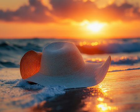Embrace the serenity of a sun-drenched beach at sunset Feel the coastal vibes as you bask in the golden hour, a beach hat shading your eyes Relax by the ocean's edge, mesmerized by the vast expanse Summer vacation bliss awaits, offering a tranquil escape and stunning ocean views AI Generativeの素材