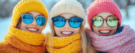 Wrapped in matching scarves and cozy winter gear, three friends bask in the snowy splendor Laughter fills the air as they embrace the season's magic, their smiles reflecting the joy of a winter wonderland A shared warmth radiates from their camaraderie, a testament to the spirit of friendship and the AI Generativeの素材