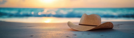 The sun dips low, painting the sky in fiery hues as you settle on the pristine sand A gentle breeze whispers through your straw hat, carrying the scent of salt air The rhythmic crashing of waves against the shore creates a calming melody Tranquility washes over you, as you lose AI Generativeの素材
