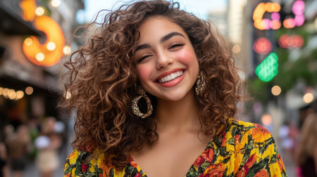 A radiant woman, clad in a stylish outfit, beams with joy against the backdrop of a vibrant downtown street Colorful buildings and bustling city life create a dynamic urban scene Her smile captures the energy of the city, making this photograph a perfect example of street style inspiration AI Generativeの素材
