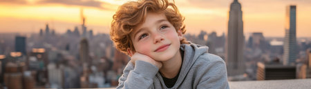 A young boy stands at the edge of the urban jungle, his gaze fixed on the sprawling cityscape Bathed in the golden light of the setting sun, he contemplates the world before him, a moment of youthful energy amidst the concrete and steel His innocent eyes hold a glimmer of AI Generativeの素材