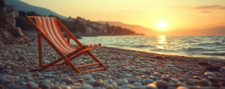 Imagine sinking into a deck chair on a pebble beach as the sun dips below the horizon, painting the sky in vibrant hues The gentle sound of waves crashing on the shore and the salty air fill your senses This is the epitome of a carefree summer day, where relaxation AI Generativeの素材