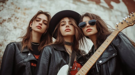 Three friends, clad in leather jackets and sunglasses, stand with guitars in hand, embodying the rebellious spirit of rock and roll Their music celebration is captured in this photo, showcasing a lifestyle defined by passion and freedom The image evokes a sense of camaraderie and the raw energy of live AI Generativeの素材
