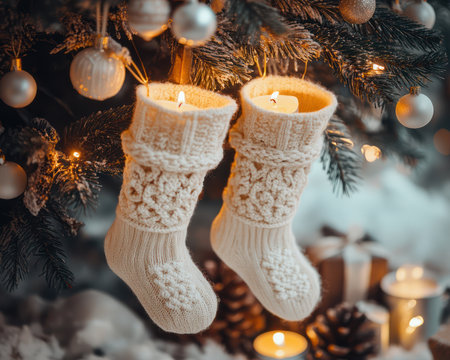 A pristine white Christmas tree, adorned with twinkling candlelight and festive stockings, evokes a cozy and inviting winter holiday atmosphere The soft glow of the candles casts warm shadows, creating a sense of magic and tranquility The vibrant colors of the stockings add a touch of cheer, making this a AI Generativeの素材