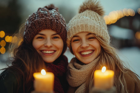 Two friends bask in the glow of candlelight, their smiles as bright as the twinkling lights of a snowy winter scene This heartwarming image evokes the joy and warmth of the holiday season, capturing the magic of winter celebrations Perfect for spreading cheer and festive greetings AI Generativeの素材