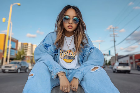 Capture the essence of urban style with a fashion photography session downtown Pose against the backdrop of a vibrant cityscape, showcasing cool streetwear looks Embrace the energy of the city and let your personality shine through This shoot is all about capturing the dynamic and edgy spirit of street style AI Generativeの素材