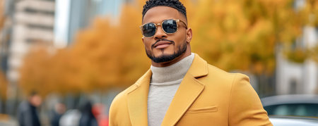 He's the epitome of casual cool This trendy man rocks a bright yellow coat, stylish sunglasses, and a sleek turtleneck His outfit embodies urban chic, making him a fashionable standout on the downtown scene He's got casual style with a dash of trendy flair, proving that comfort and fashion can AI Generativeの素材