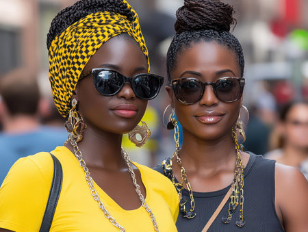 Two women exude style and confidence as they pose amidst the vibrant urban landscape Dressed in colorful, eye-catching attire, they embody the energy and dynamism of downtown life This captivating street photography captures the essence of their bold personalities and the city's electrifying spirit AI Generativeの素材