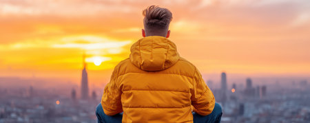 As the city bathes in the golden glow of sunset, a young man stands in quiet contemplation, his gaze fixed on the vibrant cityscape The scene captures the youthful energy and inspiring beauty of urban life, a testament to the power of cityscapes to ignite the imagination AI Generativeの素材