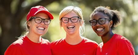 Three friends, clad in vibrant red t-shirts, exude team spirit and unity Their infectious laughter and smiles radiate joy Each personalized accessory, from bracelets to hats, adds a unique touch to their matching outfits, celebrating their individual personalities while maintaining a strong sense of togetherness AI Generativeの素材
