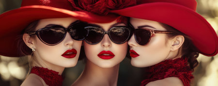 Three stylish friends radiate confidence in a daring display of avant-garde fashion Bold red hats and sunglasses frame their faces, adding a touch of whimsy to their couture attire This trio embraces individuality and celebrates the power of personal style AI Generativeの素材