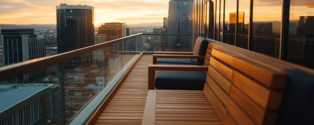 Escape to a rooftop oasis with breathtaking cityscape views Modern furniture adorns a stylish terrace, perfect for soaking in stunning sunsets Relax in chic comfort, ideal for a romantic evening or tranquil escape Urban views meet modern design for an unforgettable experience AI Generativeの素材