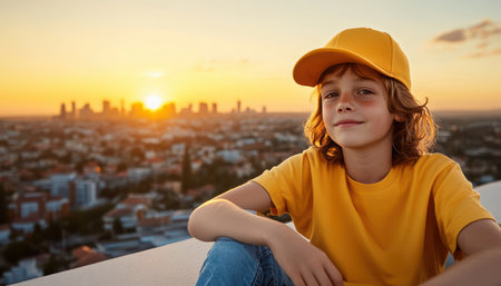 A young boy, captivated by the vibrant city skyline, basks in the golden glow of sunset His youthful spirit embraces the energy of the urban scene, finding excitement in the bustling city life He stands at the edge of the world, absorbing the moment and the captivating beauty of the AI Generativeの素材